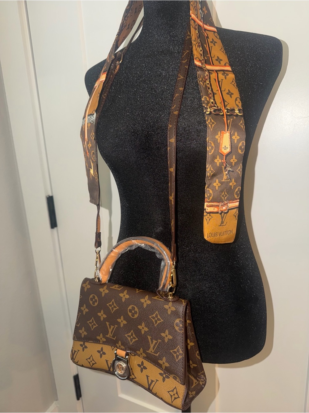 Brown Monogram Top Handle Crossbody Bag w/ Scarf Strap